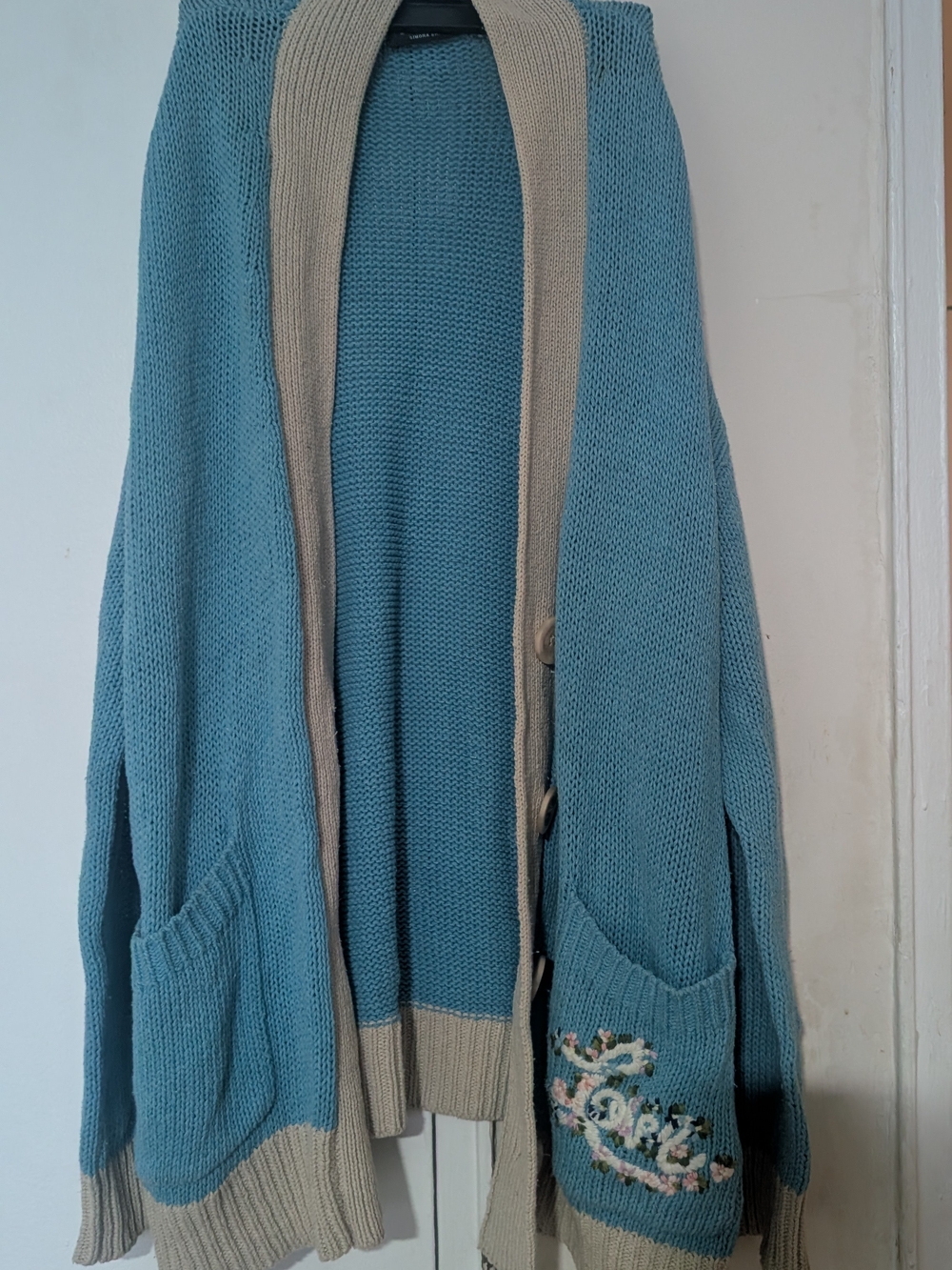 Twin-Set Blue Knit Cardigan with Cream Trim and Embroidered Pocket